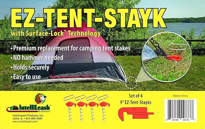 IntelliLeash EZ-Tent-Stayk (4 Pack): Secure Stakes for Tents Canopies &amp More - No Hammer Needed!