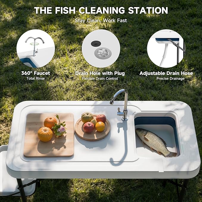 Fish Cleaning Table with Deep Sink &amp Extra Shelf Heavy-Duty HDPE Waterproof &amp UV-Resistant Portable Outdoor Sink with Hose Hookup Ideal for Camping Picnic &amp Backyard