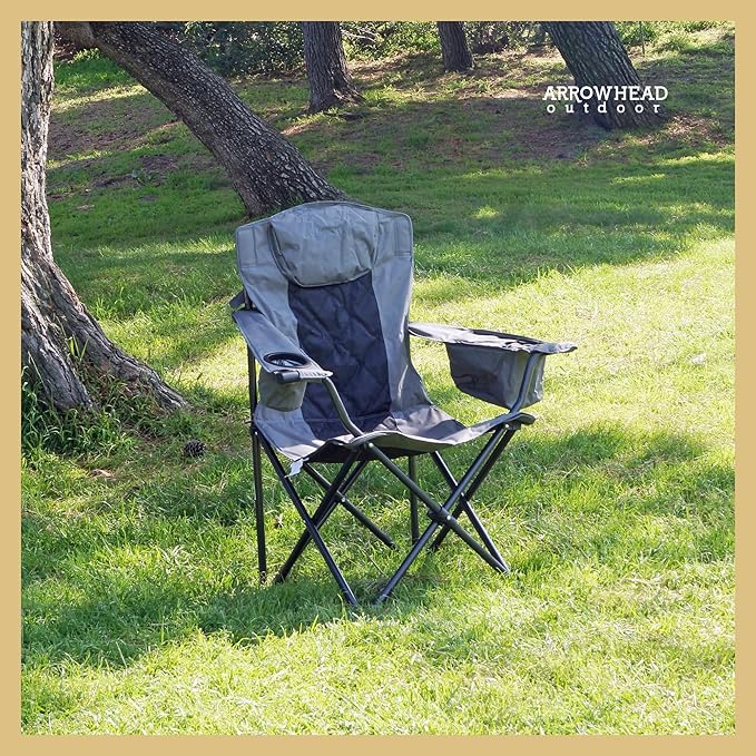 ARROWHEAD OUTDOOR Portable Deluxe Folding Camp Quad Chair w/Headrest Glass &amp Cup Holders Armest 6-can Cooler Heavy Duty Carry Bag 550 lbs Weight Capacity