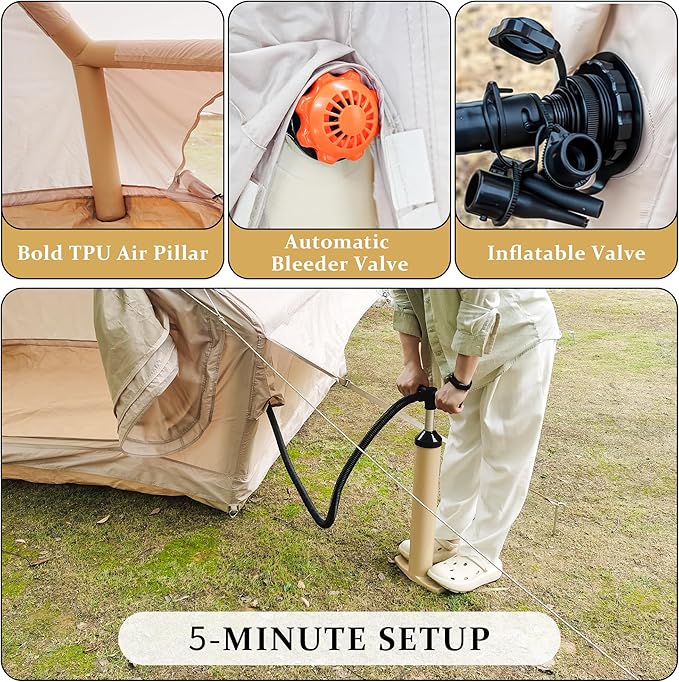 Inflatable Tent Camping Shelter Pump Included 4 Season Oxford Cloth Cabin Style Glamping House Dual Door 12 Mesh Window Ventilation Portable Carry Bag Family Outdoor Basecamp 4-6 People