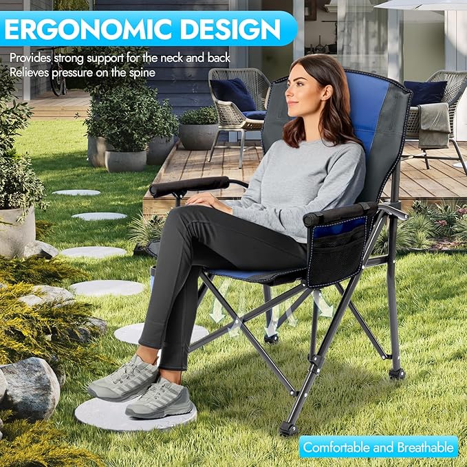 2 Pack Oversized Folding Camping Chair for Adults Supports 450 LBS Camping Chairs Heavy Duty Camping Chair with Side Pockets Foldable Outdoor Chair for Camping Beach Fishing Hiking Blue-Black