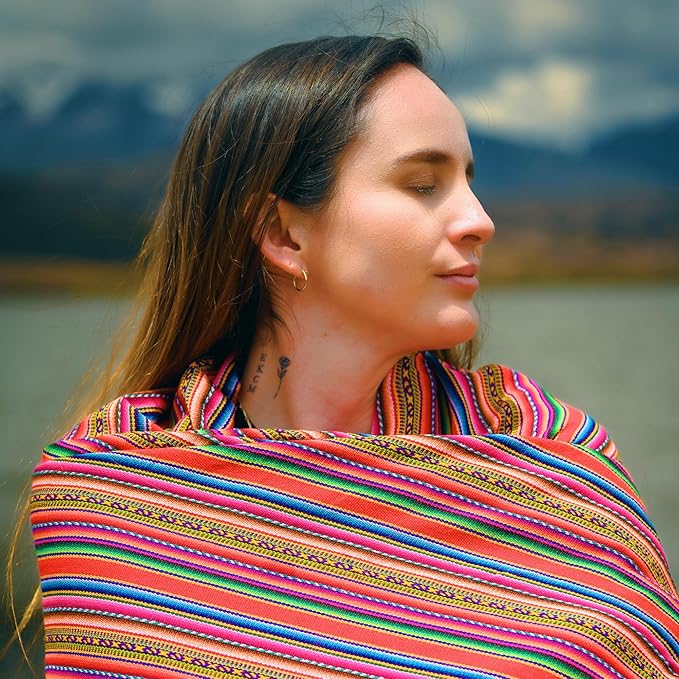 Lucio Fabrics Unique Native Peruvian Throw - Vibrant Colors Lightweight Durable - HomeYoga BeachCampingPicnicOutdoor Activities Thin Blanket 70'' x 47'' (Red Andean Stripes)