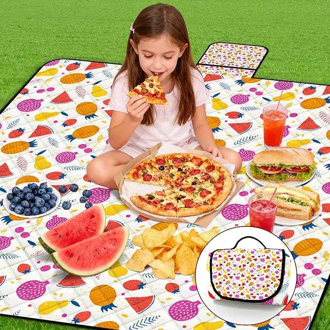 Poedist Extra Large Picnic Blanket Waterproof80x 80Foldable Machine Washable Beach BlanketOutdoor Blanket for 6-8 AdultsSuitable for Indoor CrawlingPark BeachCampingHikingFamily Travel(Fruit
