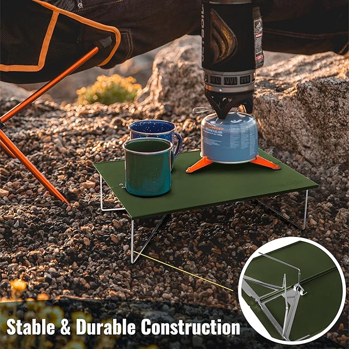TREKOLOGY Compact Mini Camping Table – Portable Ultralight Folding Design – Small Lightweight Surface for Hiking Backpacking Beach or Nightstand Use – Collapsible Outdoor Gear (Green)