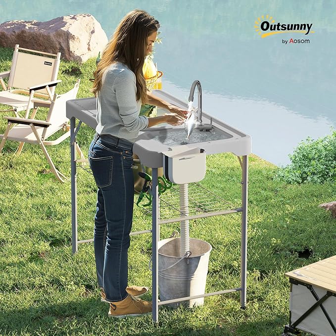Outsunny Folding Fish Cleaning Table with Sinks Portable Camping Sink Table Gray