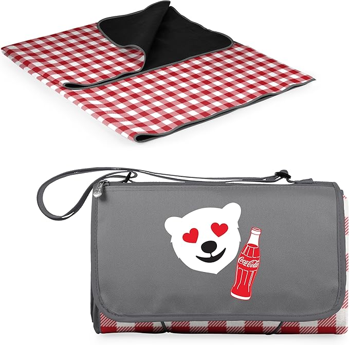PICNIC TIME Coca-Cola Emoji Blanket Tote Picnic Blanket Folding Outdoor Beach and Camping Blanket with Carry Tote and Zipper Pocket Water Resistant Fleece (Red and White Gingham with Gray Flap)