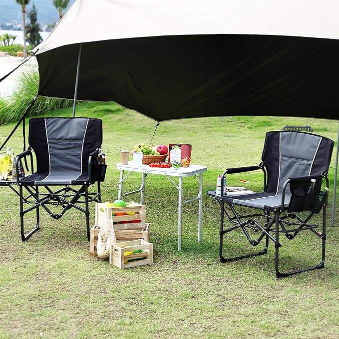 Folding Camping Chairs for Adults Portable Lawn Chair with Side Table Side Pocket &amp Beverage Holder Heavy Duty Director Chair for Outside Rv Beach Yard Garden Deck