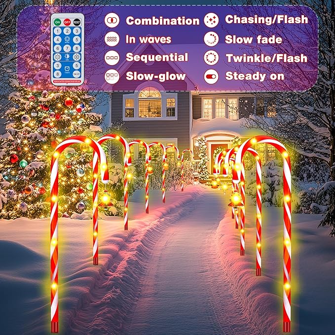 Solar Candy Cane Lights – 12-Piece Set 22 Inch Outdoor Christmas Pathway Lights 8 Lighting Modes with Memory Function Solar-Powered Holiday Decorations for Garden Yard Walkway Party Driveway