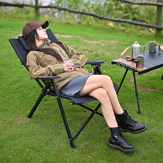 Aluminum Reclining Camping Chair Heavy Duty Folding Lawn Chairs with 4-Stage Adjustable High Back for Adults Compact Foldable Outdoor Patio Reclining Chair (Black 1 Pack)