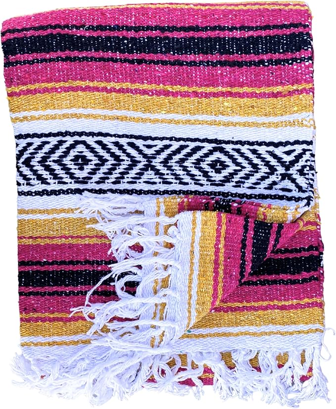 Del Mex Classic Mexican Blanket Large Authentic Woven Falsa Throw (70x50) Artisan Southwest Décor for Beach Yoga Outdoors (Gold/Fuchsia)