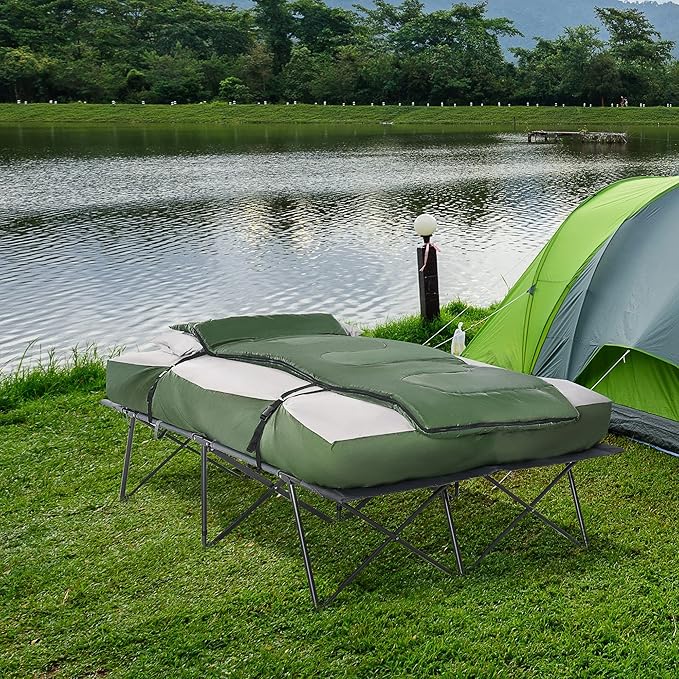 Outsunny 2-Person Folding Camping Cot Portable Outdoor Bed Set with Sleeping Bag Inflatable Air Mattress Comfort Pillows and Carry Bag Soft and Comfortable for Outdoor Travel Camp Beach Vacation