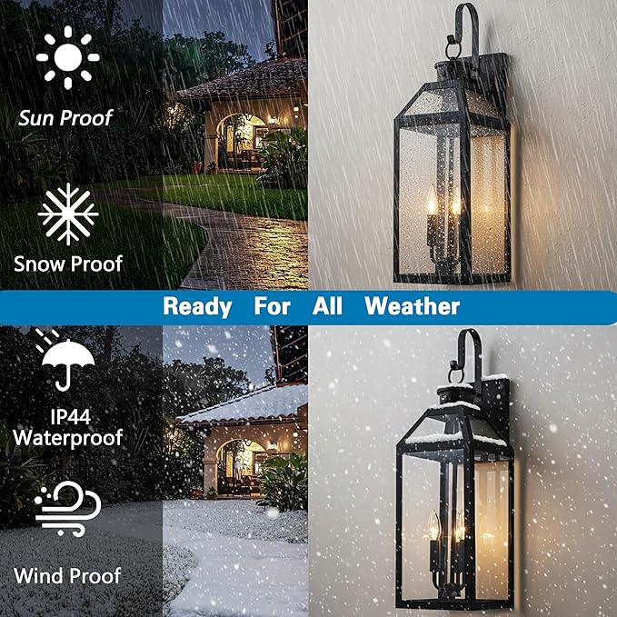 26 Dusk to Dawn Outdoor Wall Light with Sensor - Waterproof Exterior Wall Sconce for Porch Patio Garage Front Door Balcony Entry Modern Hardwired Lantern in Black Metal &amp Glass 3 Light - 2 P