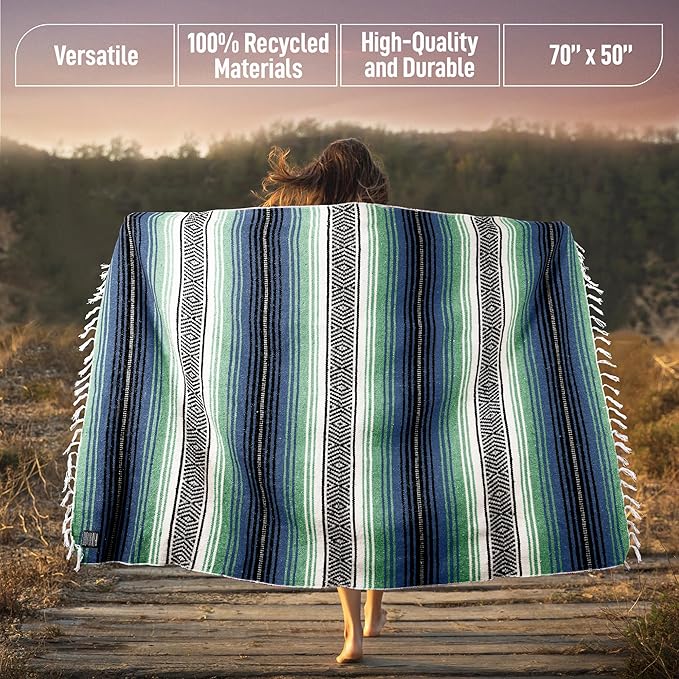 Hydration Nation Authentic Large Handwoven Mexican Blanket - Soft Yoga- Durable Serape- Lightweight Falsa Beach Camping Picnic Outdoor Blanket 70x50 - Arctic