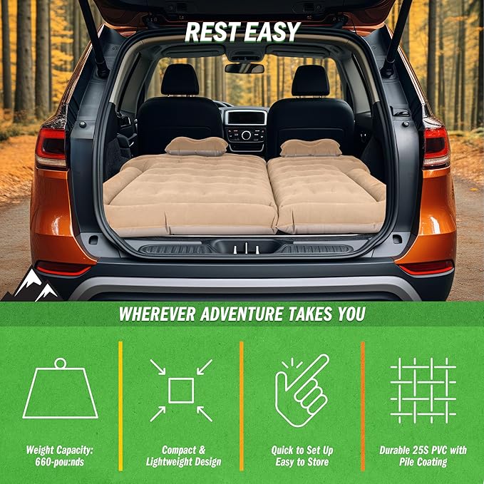 Inflatable Mattress - Car Air Mattress for SUV or Tent with Aux Outlet Pump and 2 Inflatable Pillows - Car Camping Gear by Wakeman Outdoors (Beige)