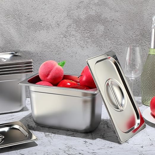 Thenshop 6 Pack Stainless Steam Hotel Pan with Lid Deep Steam Table Pan Reusable Anti Rust Water Restaurant Supplies for Home Party Buffet(10.43 x 6.38 x 5.91 Inches Pans1/4 Size Lids)