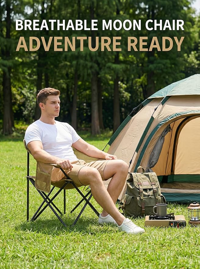 Breathable Outdoor Folding Chair Portable Ultra-Light Fishing Stool Beach Camping Moon Chair Armchair Art Sketch Chair (Mesh Khaki)