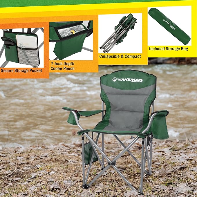 Oversized Camping Chair 300lbs - Heavy Duty Folding Chair with Cooler Pouch and Carry Bag for Camp Sites Tailgates or Beach by Wakeman (Green)