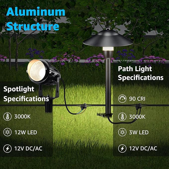 SUNVIE LED Low Voltage Landscape Lighting 12V Landscape Lighting Kit with Connectors Low Voltage Pathway Lights with Spotlights Aluminum Pathway Lights Wired Waterproof for Patio Yard Garden 12 Pack