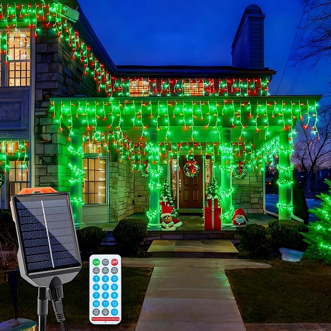 Solar Christmas Lights Outdoor 640LED 16Ft+60Ft Solar Icicle Lights Waterproof with 13 Modes Rechargeable for Outside Roof Fence Christmas Decorations