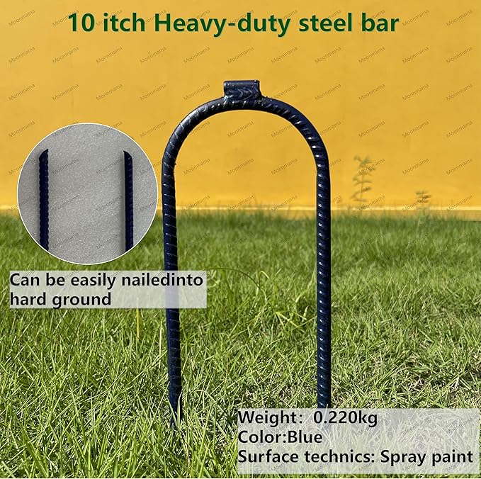 Moonmama Ground Stakes Steel Rebar Stakes Tents Nails Heavy Duty Garden Stake Ground Anchor Pegs U Shaped Metal Fences Stake for Trampolines Camping Canopies Sheds Swing Sets 10inch 10ge