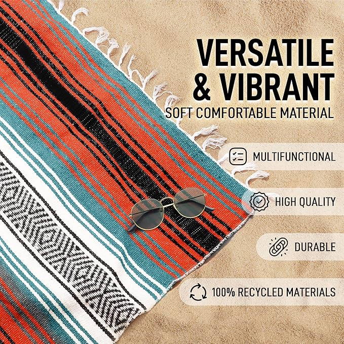 Hydration Nation Authentic Large Handwoven Mexican Blanket - Soft Yoga - Durable Serape - Lightweight Falsa Beach Camping Picnic Outdoor 70x50 - Mandarin