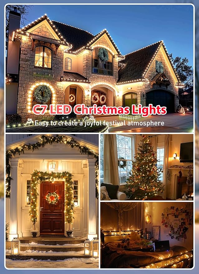 Brightown C7 LED Warm White Christmas Lights Outdoor 100FT String with 100 Plastic Bulbs Traditional Hanging Holiday Lights for Christmas Tree Patio Fence Roofline Xmas Decorations