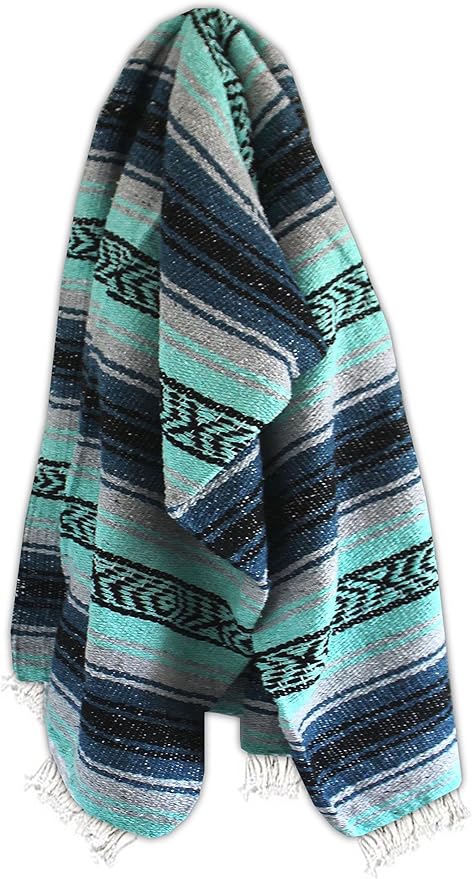 Del Mex Classic Mexican Blanket Large Authentic Woven Falsa Throw (70x50) Artisan Southwest Décor for Beach Yoga Outdoors (Navy/Mint)