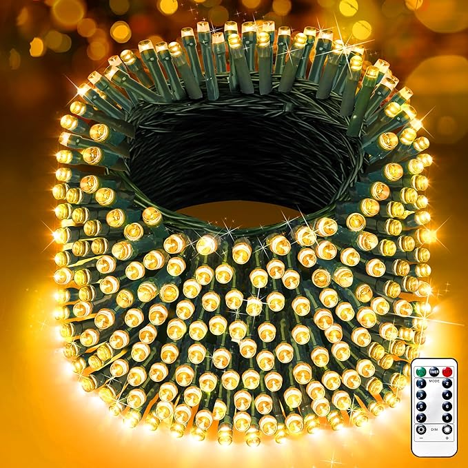 XURISEN 403FT 1000 LED String Lights Outdoor Green Wire Christmas Lights 8 Modes &amp Timer Waterproof Fairy Lights Plug in for Party Wedding Yard Garden Indoor/Outdoor Decorations(Warm White)