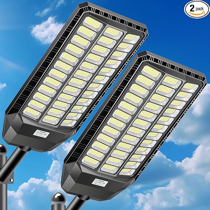 CEDIO 12000W Commercial Grade Solar Street Light IP67 Waterproof Heavy Duty LED Flood Light with Remote &amp Motion Sensor Dusk to Dawn Security Light for Parking Lot Farm Property Yard 2 Pack