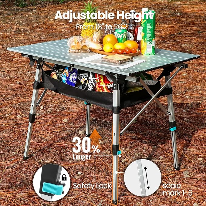 Portable Camping Table with Adjustable Legs Lightweight Aluminum Folding Table Foldable Table for Outdoor Cooking Picnic Beach Backyards Rectangular