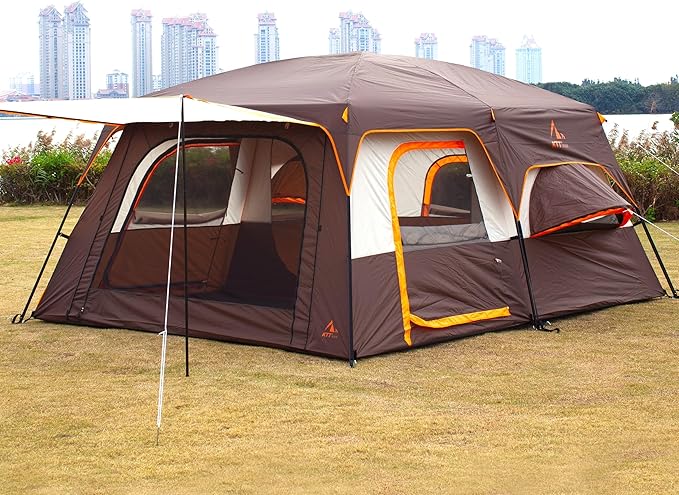 KTT Extra Large Tent 10-12-14 Person(A)Family Cabin Tents2 Rooms3 Doors and 3 Windows with MeshStraight WallWaterproofDouble LayerBig Tent for OutdoorPicnicCampingFamily Gathering