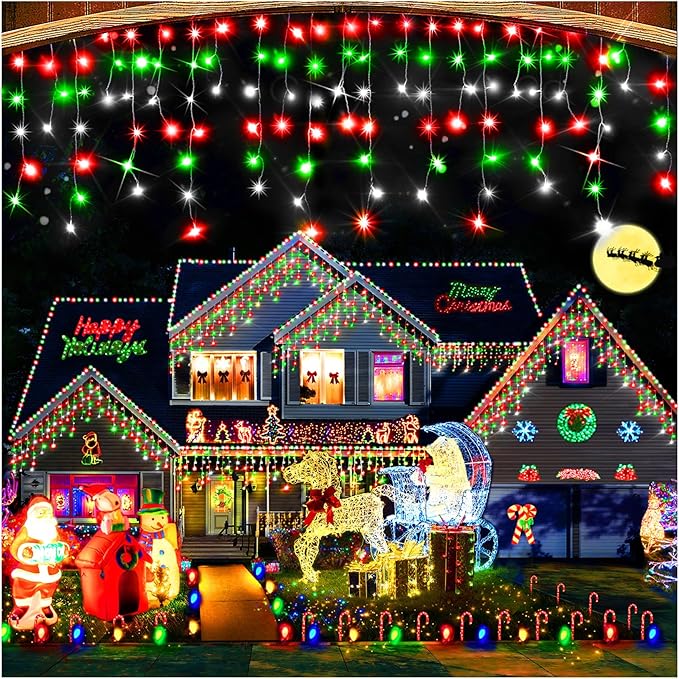 Hezbjiti Christmas Lights - Outdoor Decorations LED Fairy String Curtain Lights with 75 Drops 8 Modes 1600LED 164FT for Christmas Decor (Red Green Cold)