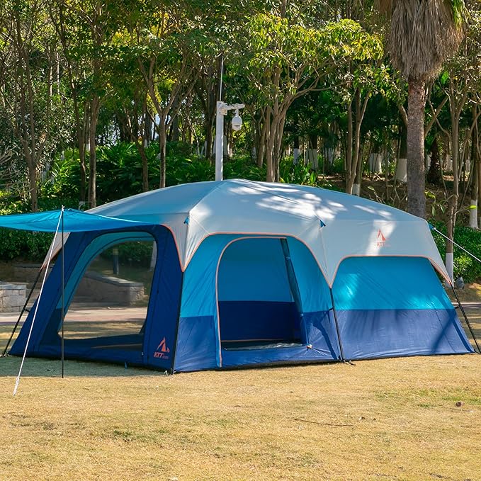KTT Extra Large Tent 10-12-14 Person(Style-B)Family Cabin Tents2 Rooms3 Doors and 3 Windows with MeshStraight WallWaterproofDouble LayerBig Tent for OutdoorPicnicCampingFamily Gathering