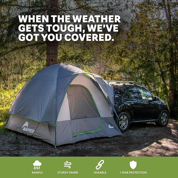 Napier Backroadz SUV Tent | 10' x 10' SUV Car Camping Tent | Fits All CUVs SUVs and Minivans | Sleeps 5 | Spacious Durable Easy Set-up | Gray/Green | Model 19100