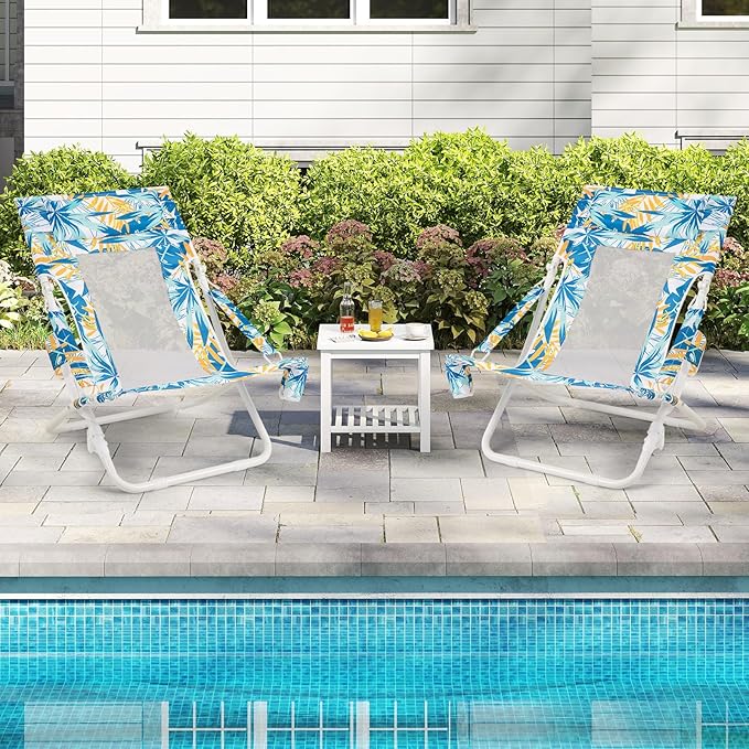 Giantex 2-Pack Folding Beach Chair Low Lawn Chairs with Padded Head Pillow Mesh Back Cup Holder and Armrests Portable Outdoor Lounge Chair for Camping Sunbathing Picnic Fishing