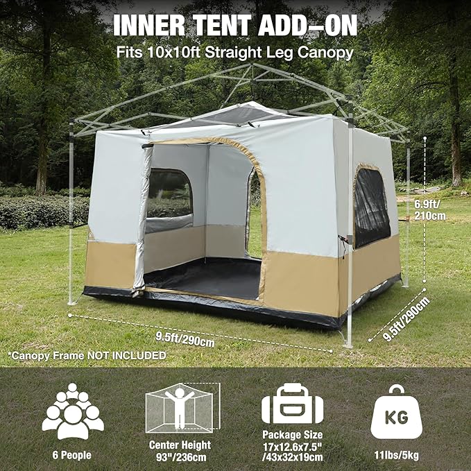 REDCAMP Canopy Camping Tent for Pop Up Canopy Tent Inner Tent Converts Straight Leg 10'x10' or 10'x20' Canopy into Camping Tent Fits 4-6 Person(Frame/Shelter NOT Included)