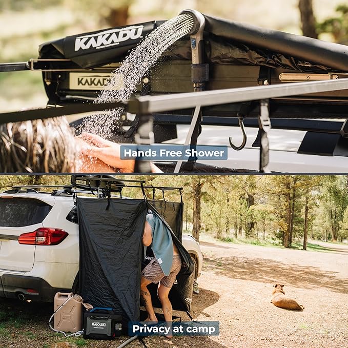 Kakadu Outback Shower Vehicle Tent Camping Privacy Shelter Bathroom Tent for Cars – with Roof LED Light BlockOut® Technology Towel Rod Storage System