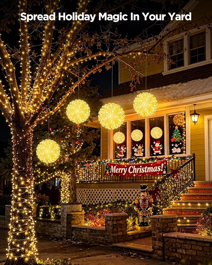 Brightown Outdoor Christmas Decorations-Starlight Sphere Replaceable Bulbs with Add-On Plug Lighted Sphere Balls for Trees Party Wedding Patio Indoor Decorations 6in-2pc 100 LED(Warm White)