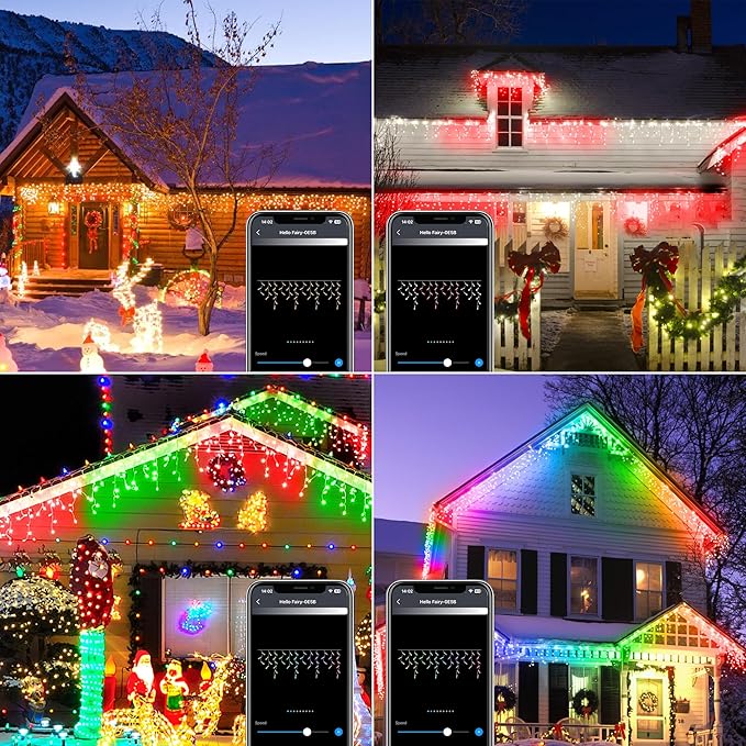 99FT Smart Color Changing Christmas Icicle Lights - APP Control 897 LEDs 207 Drops Outdoor Roof String Lights DIY 100+ Effects Music Sync Waterproof for Outside Garage Eaves House Holiday Decor