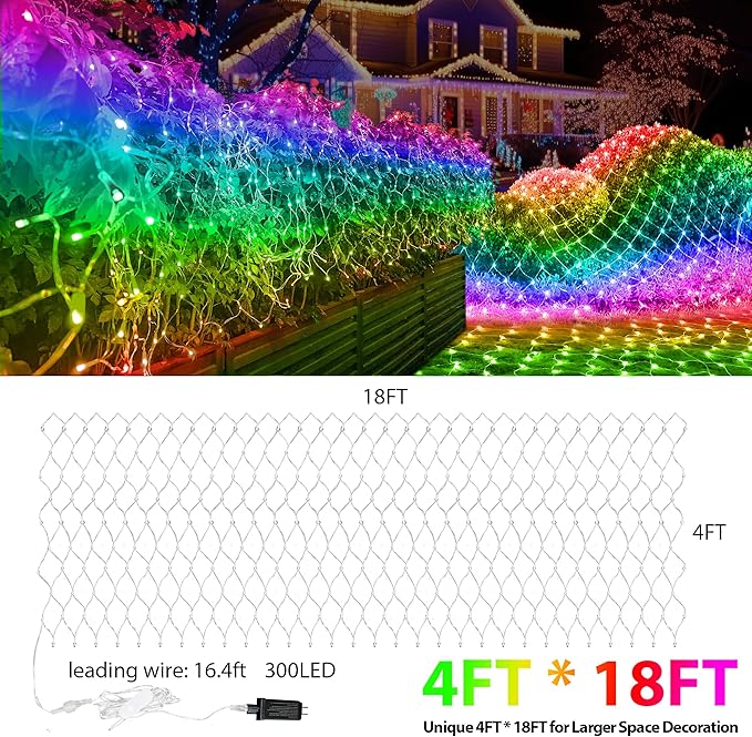 4ft x 18ft Smart Christmas Net Lights Outdoor Mesh Lights 300 LEDs Bluetooth App Prpgrammable 105+ Scene Modes Music Sync IP44 Waterproof Timer RGB Bush Light for Tree Fence Holiday Decorations