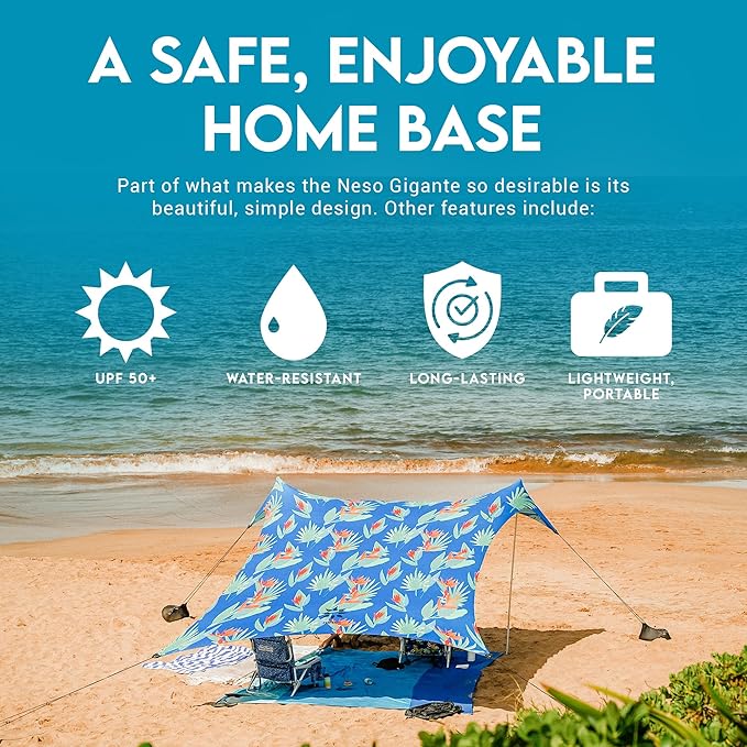 Neso Gigante Portable Beach Tent Sun Shelter - Lightweight Beach Shade Canopy - Easy Setup for Family Outings - Patented Reinforced Corners - UPF 50+ - 8ft Tall 11 x 11ft - Tropical Floral