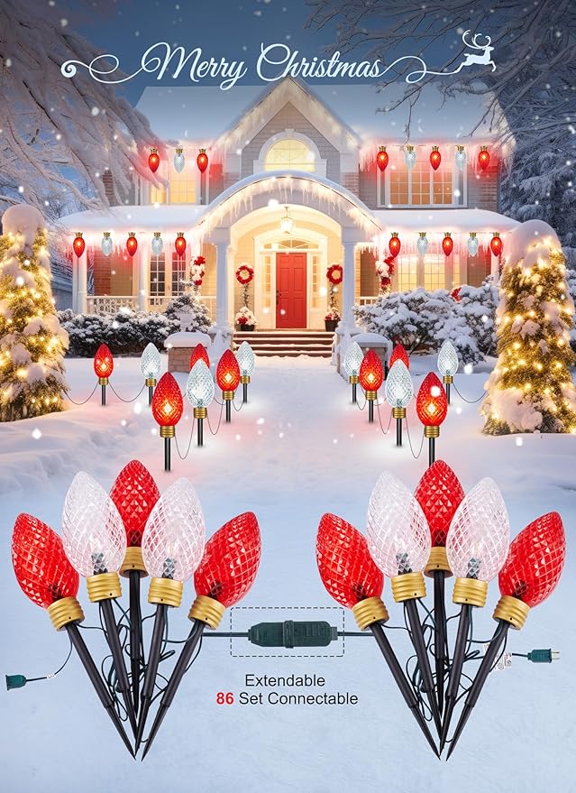 Brightown Super Jumbo C9 Christmas Pathway Lights Outdoor - 2 Pack Total 22FT 10 LED Strawberry Jumbo C9 Pathway Light Giant Christmas Lights Outdoor Decorations for Lawn Outside Red &amp Pure Whit
