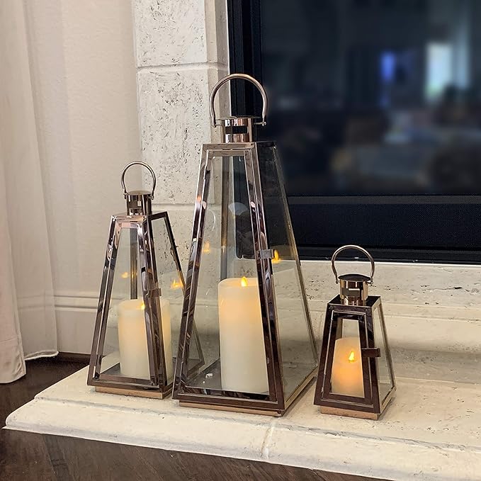 allgala Lantern Jumbo Deluxe Modern Indoor/Outdoor Candle Stainless Steel Rectangular Frame with Lattice Grid Tempered Glass for Garden Poolside Fireplace Wedding (Pack of 3 24 Inch Rose Gold)