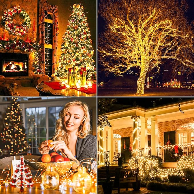 Extra-long 288FT 800LED Solar Fairy String Lights 4-Pack 72FT 200 LED Outdoor Twinkle Lights Waterproof 8 Lighting Modes Warm White Copper Wire Lights for Deck Backyard Tree Garden Fence Pool Party