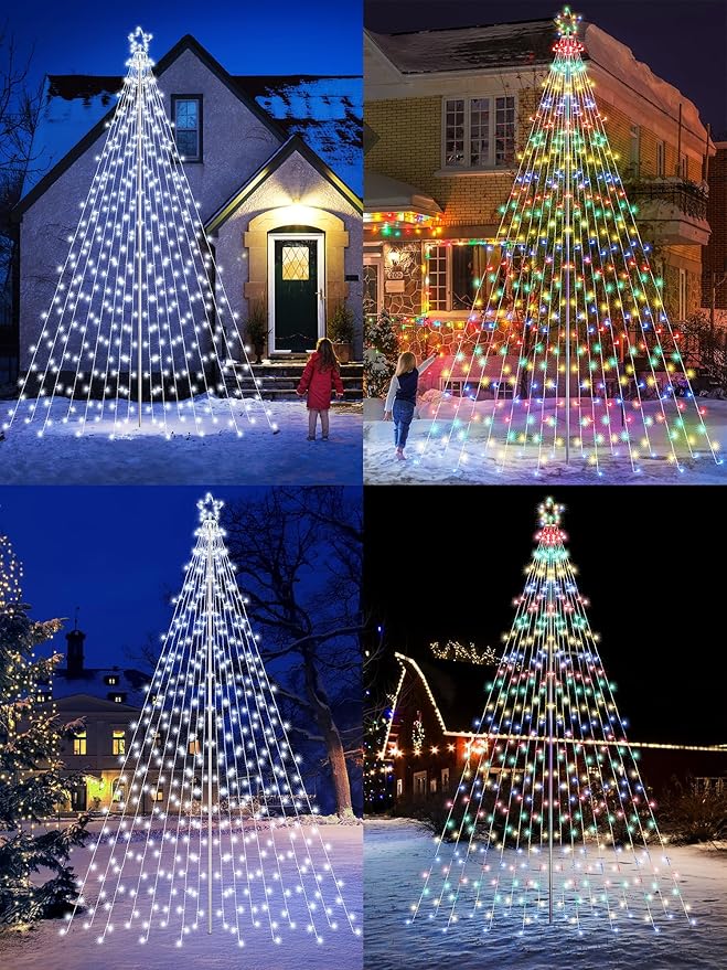 Flacchi Christmas Outdoor Star String Lights - Pole Set with Remote Multiple Lighting Modes Timer and Waterproof Feature (Cool White&ampMulticolor 16FT/664LED)