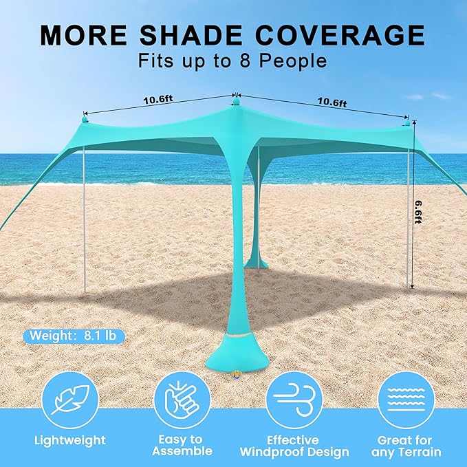 ihuan Beach Tent Sun Shelter 10X10FT UPF50+ with 4 Aluminum Foldable Poles Easy Setup Outdoor Shade Canopy for 8 Person Camping Sun Shelter for Fishing Family Trips Backyard Picnics