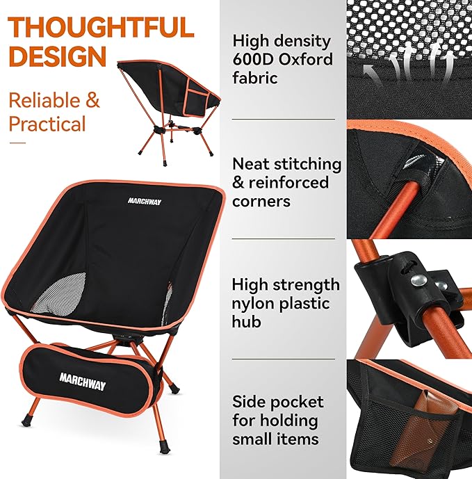 MARCHWAY Lightweight Folding Camping Chair with Spring Lock Stable Compact Portable for Outdoor Camp Travel Beach Picnic Festival Hiking Backpacking (Lowback Orange)