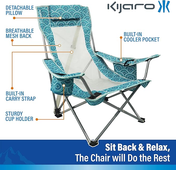 Kijaro Beach Sling Chair with Cooler Pocket - Various Fun Colors &amp Patterns - Perfect Beach Folding Chair and Camping Chair - Includes a Detachable Pillow