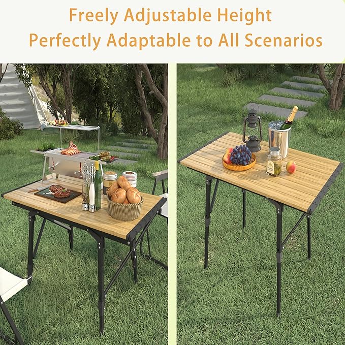 Lightweight Aluminum Alloy Folding Camping Table Adjustable Height Portable Roll-Up Picnic Table for 2-6 Person Outdoor &amp Indoor Use for Camping Beach BBQ Backyard with Carry Bag