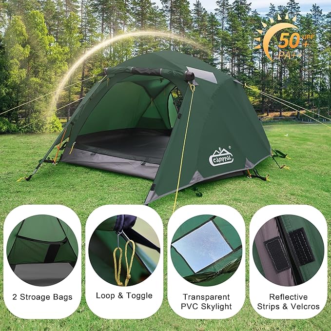 2-3 Person Backpacking Tent Double Doors 2 Vestibule 2 Skylight Two Person Tents Waterproof Windproof 2 Man Tent for Camping Hiking Motor Cycling Biking Fishing Mountaineering UPF 50+